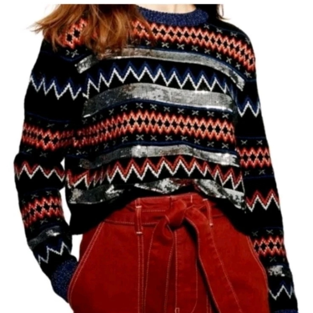 TopShop Sequin Fair Isle Sweater Woman Sz 6 Black Knit Crop Crewneck Hoilday Nwt